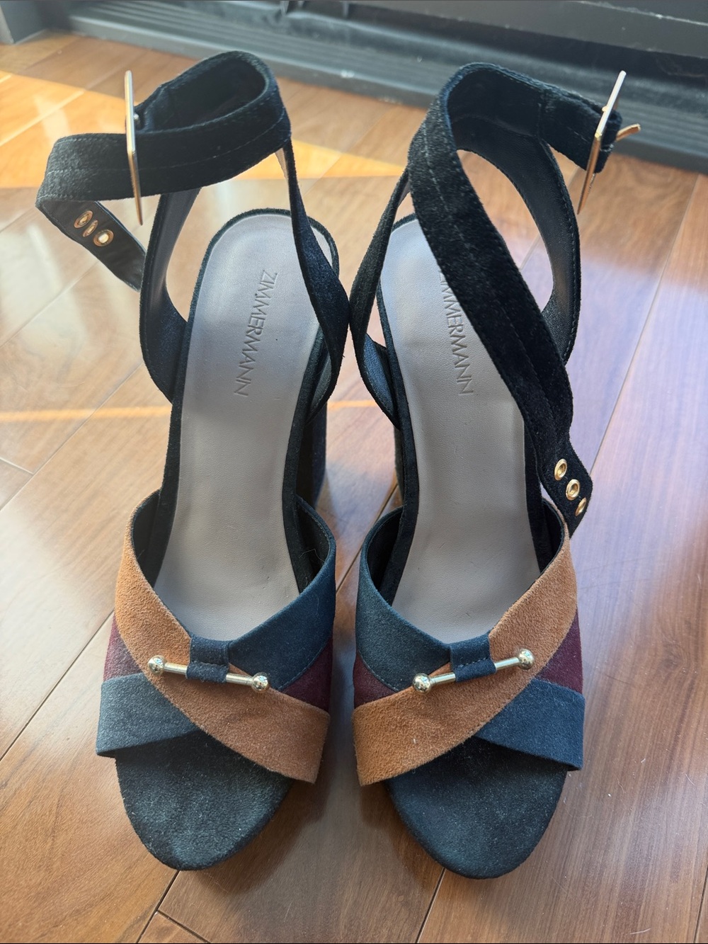 Zimmermann Suede Colorblock Ankle-Strap Platform Sandals - Navy/Tan/Burgundy